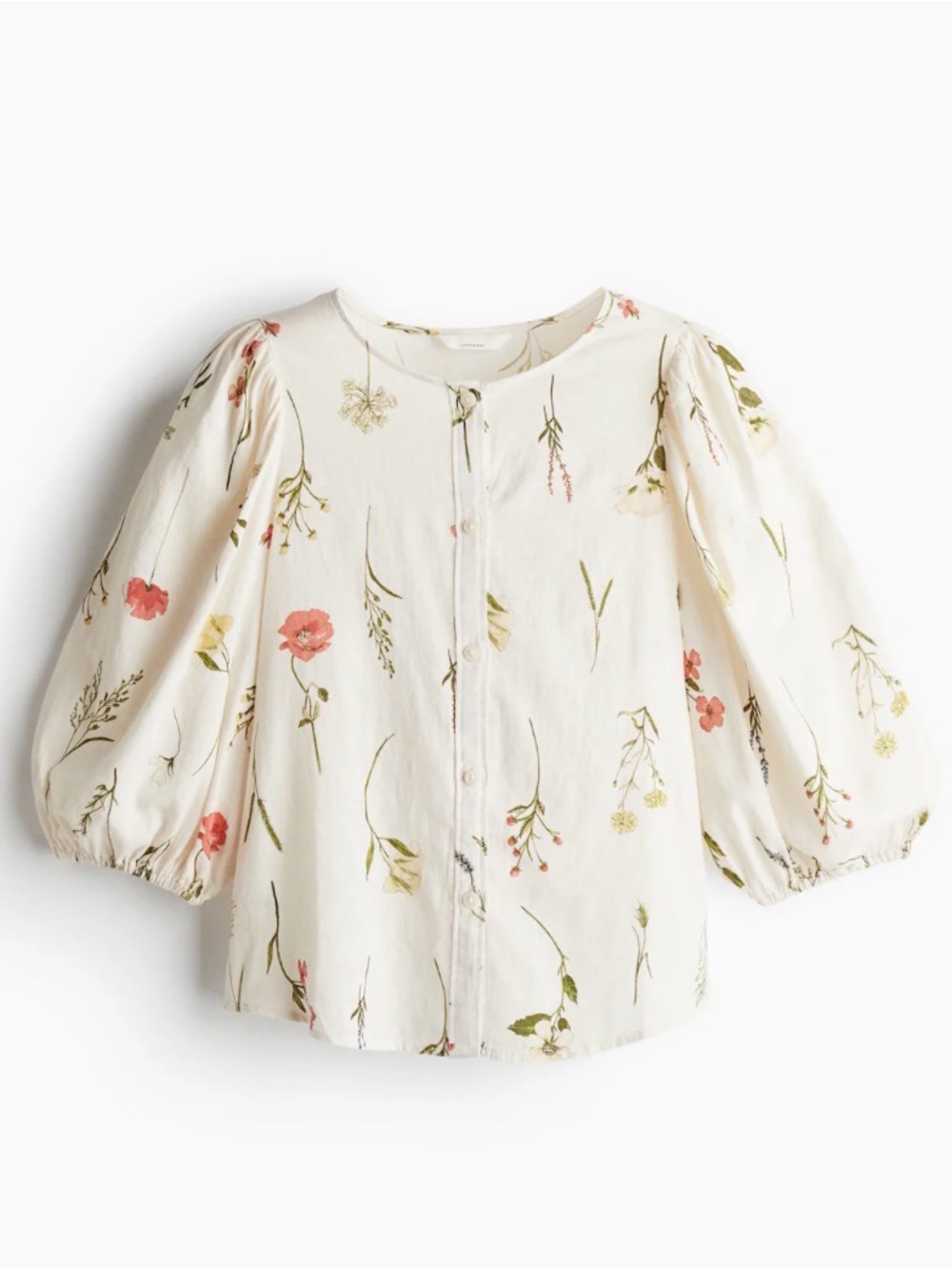 H&M Cream Linen-Viscose Blend Blouse Floral Medium Coastal 3/4 Sleeve Flowy